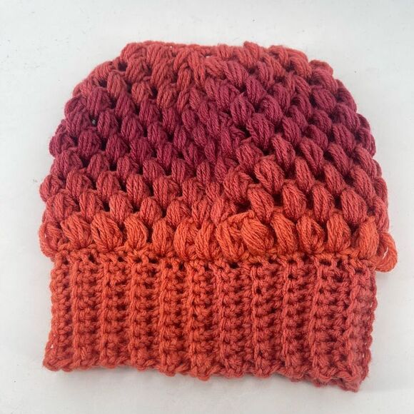 Handmade Napper bun beanie ponytail stocking cap one size NEW orange red - Picture 9 of 10